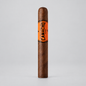 A single Camacho cigar standing upright on a light gray background, featuring a brown tobacco body with a bright orange band displaying the black Camacho brand name.