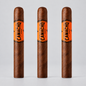 Three Camacho Original cigars standing upright against a light gray background, each with a bright orange band featuring black text.