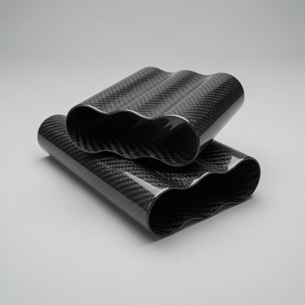 Two rolled sheets of glossy black carbon fiber wrap with a wavy pattern, displayed on a neutral light gray background.
