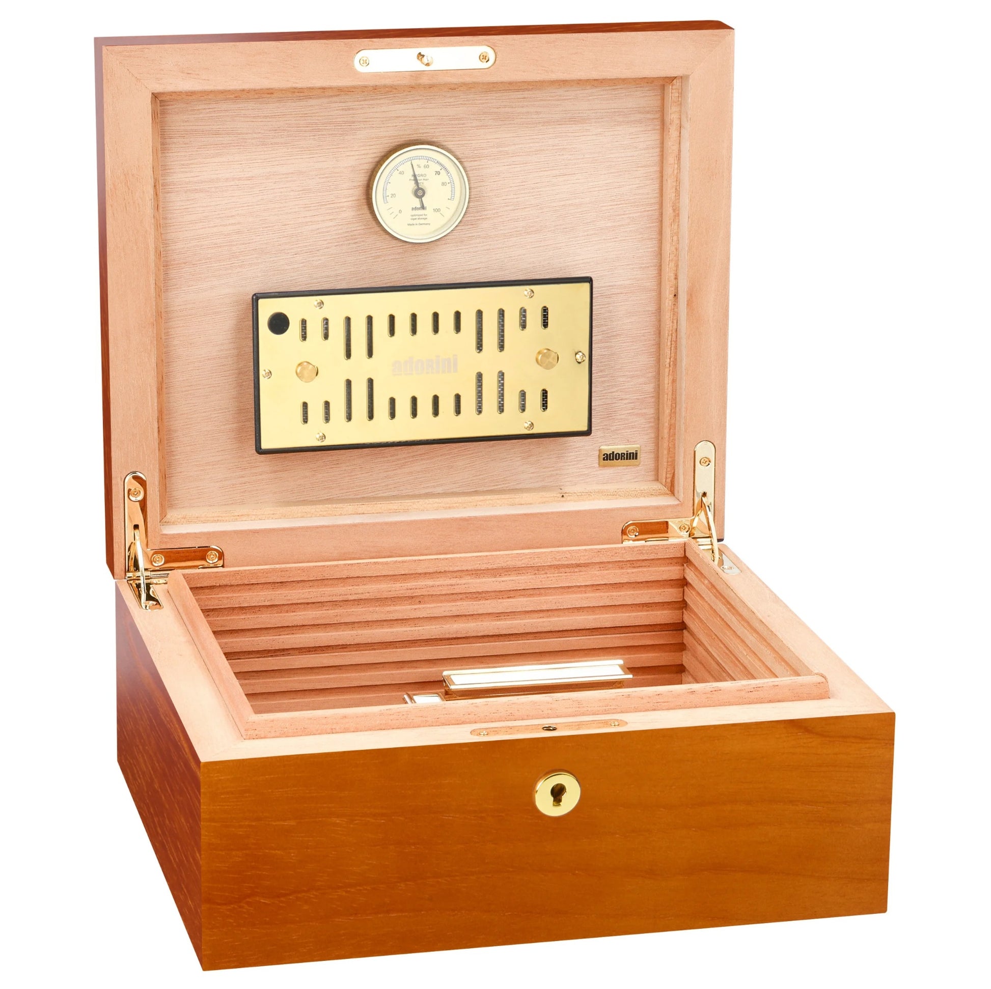 Wooden humidor with interior shelves and a hygrometer on a white background