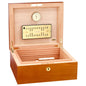Wooden humidor with interior shelves and a hygrometer on a white background