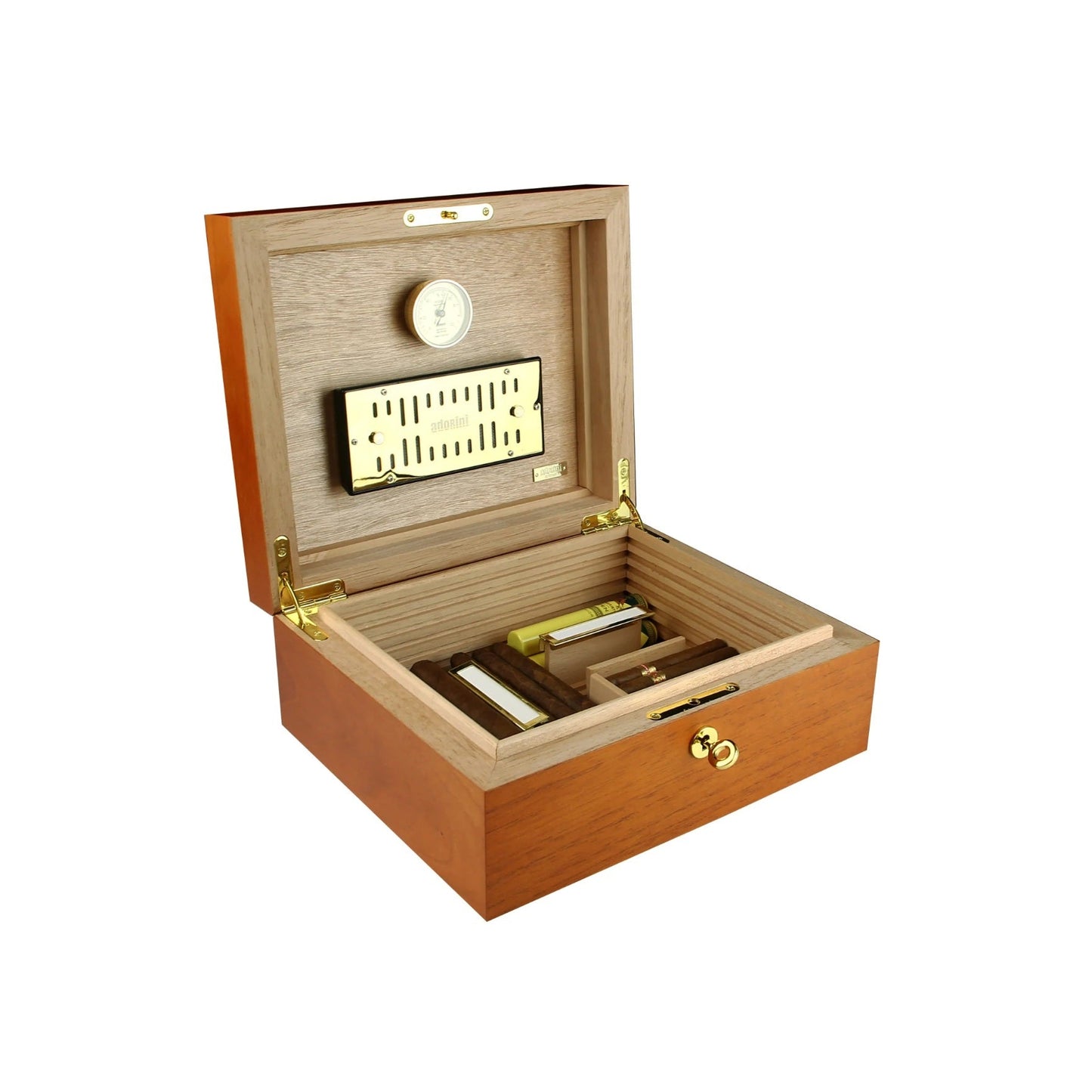 Wooden humidor with open lid on a white background