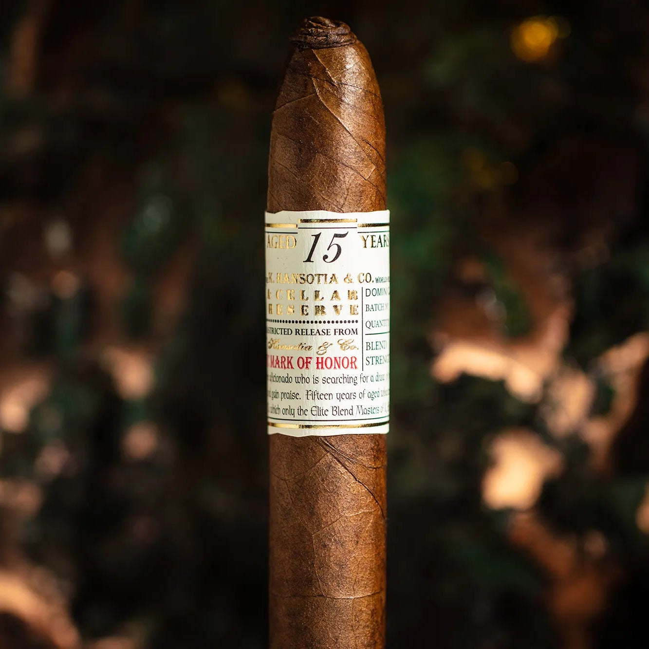 Cigar with a label on a dark, leafy background