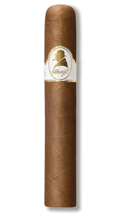 Davidoff Robusto Cigar with a white and gold band on a white background