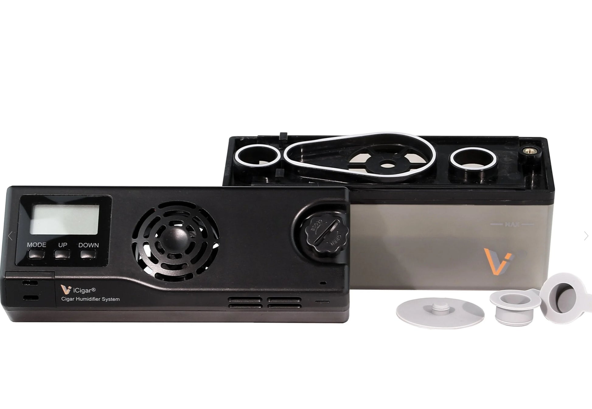 Cigar humidifier system with control panel and accessories on a white background