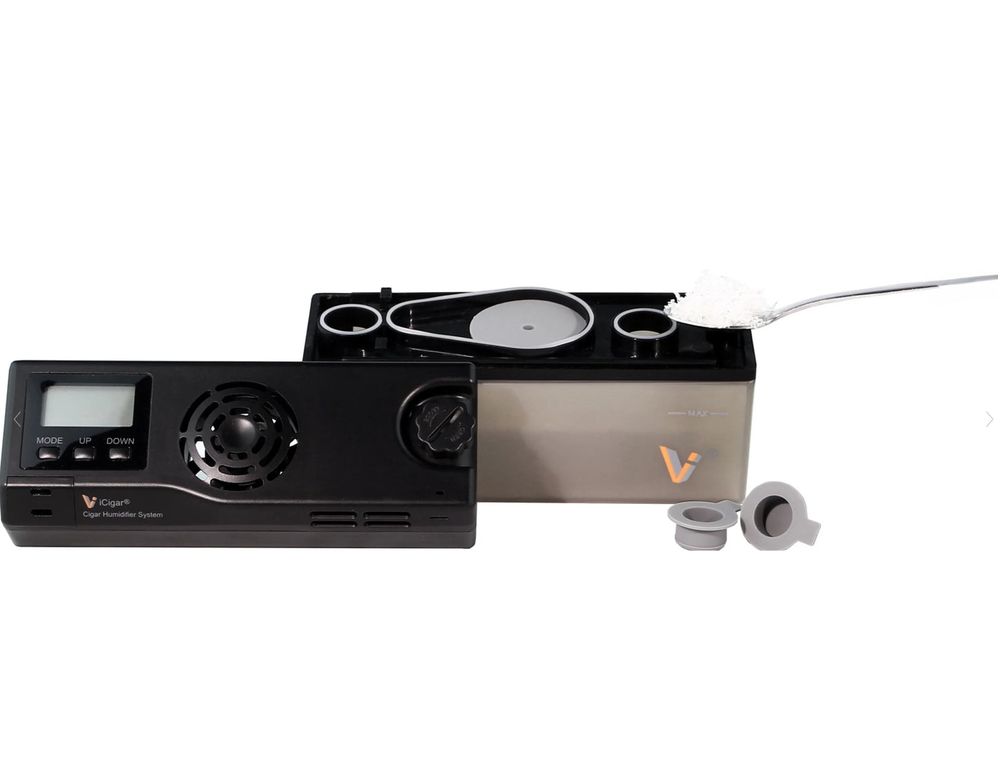 Black electronic device with a screen and various controls on a white background