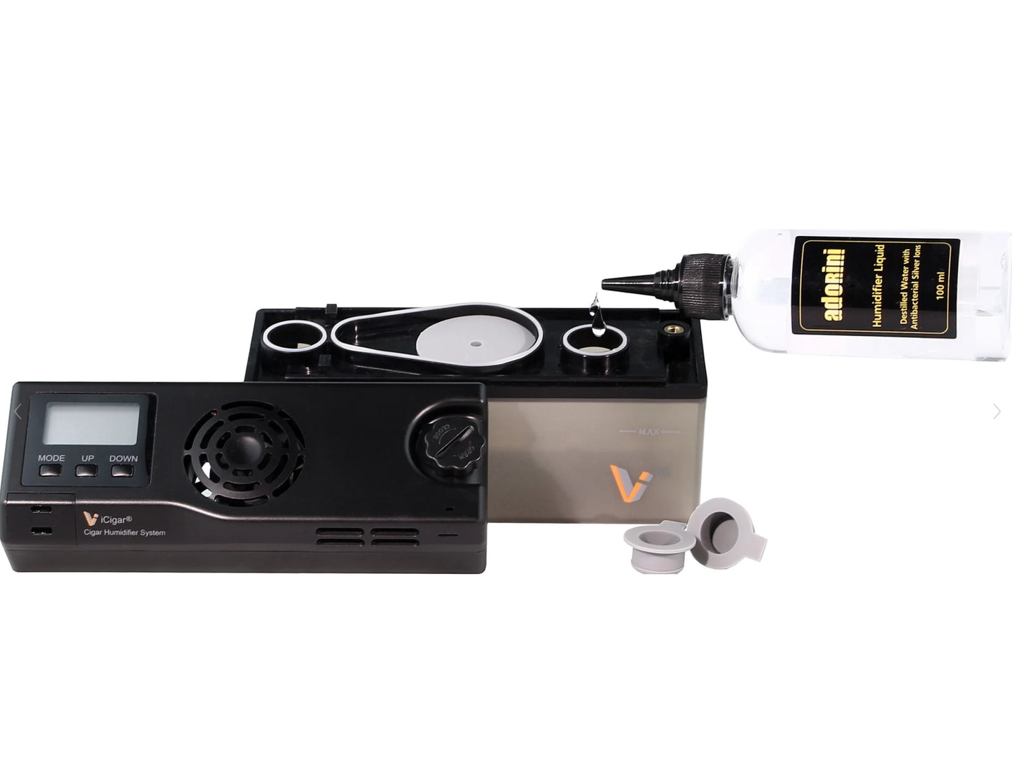 Vape humidor kit with a digital display, humidifier, and a bottle of liquid on a white background.