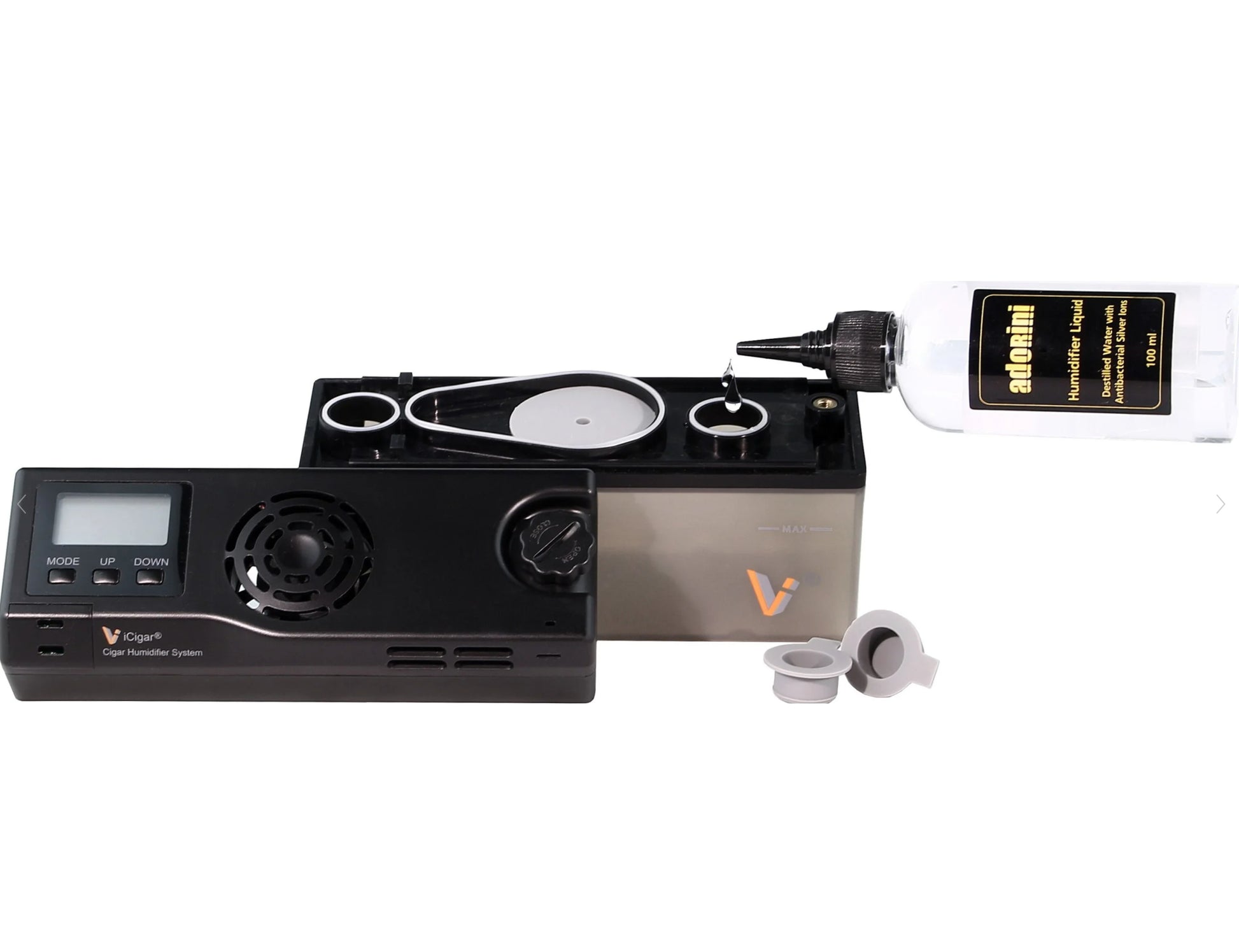 Vape humidor kit with a digital display, humidifier, and a bottle of liquid on a white background.