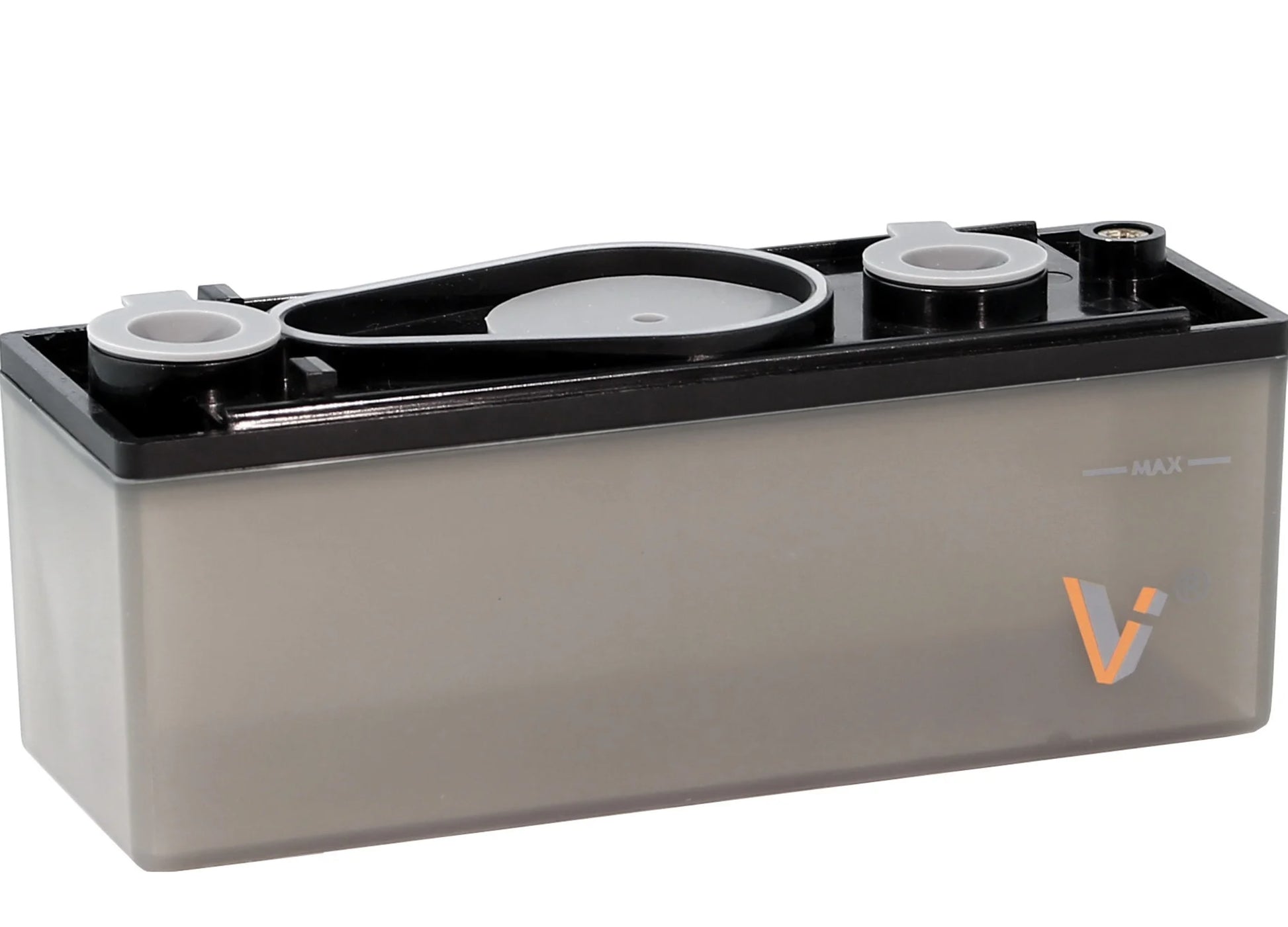 Rectangular water tank with black lid and white components on a white background