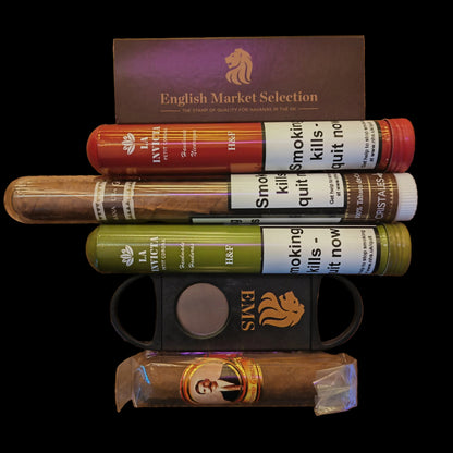 Cigars and a cutter on a wooden surface with 'English Market Selection' branding.