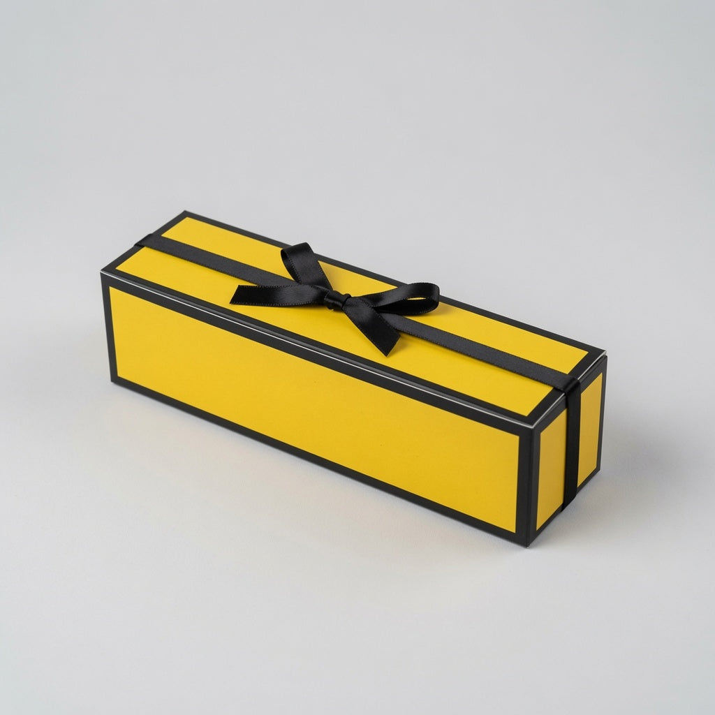 A rectangular yellow gift box with black trim and a black ribbon bow on top, photographed on a clean light gray studio background.