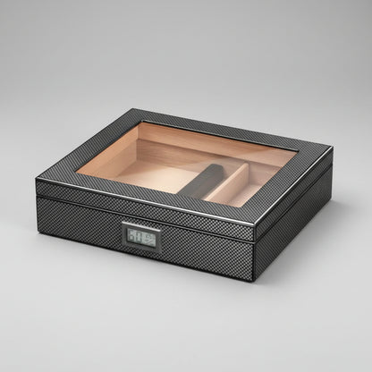 Cigar Humidor with carbon effect exterior finish, Spanish cedar wood interior and Digital humidity reader