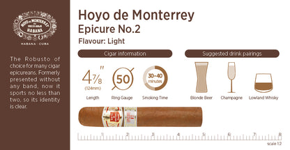 Hoyo de Monterrey Epicure No.2 cigar packaging with details and suggested drink pairings.