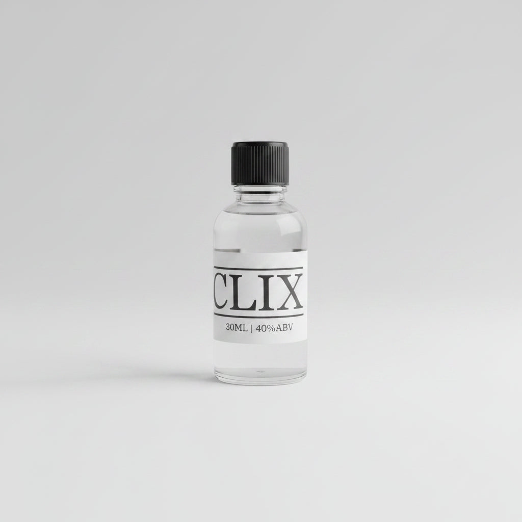 Small bottle labeled 'CLIX' on a bar counter with a blurred background