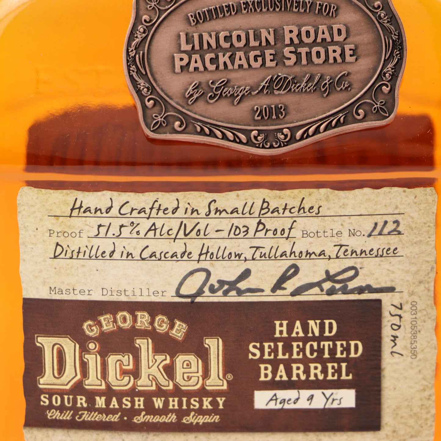 George Dickel Sour Mash Whisky label with 'Lincoln Road Package Store' branding