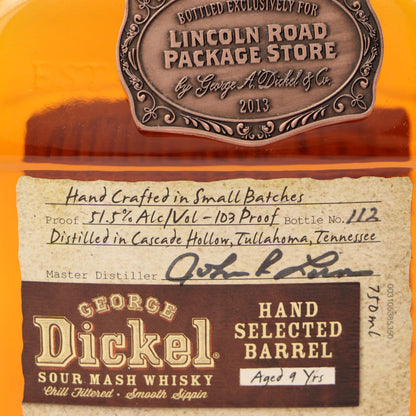 George Dickel Sour Mash Whisky label with 'Lincoln Road Package Store' branding