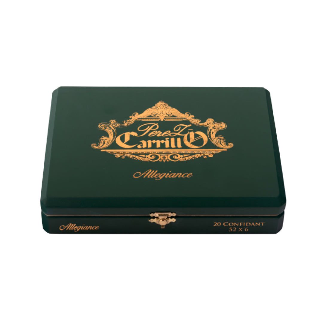 A dark green metal tin box for Pope & Carrillo Allegiance cards, featuring gold foil lettering and a decorative crest on the lid, set against a plain white background.