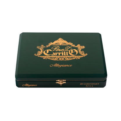 A dark green metal tin box for Pope & Carrillo Allegiance cards, featuring gold foil lettering and a decorative crest on the lid, set against a plain white background.