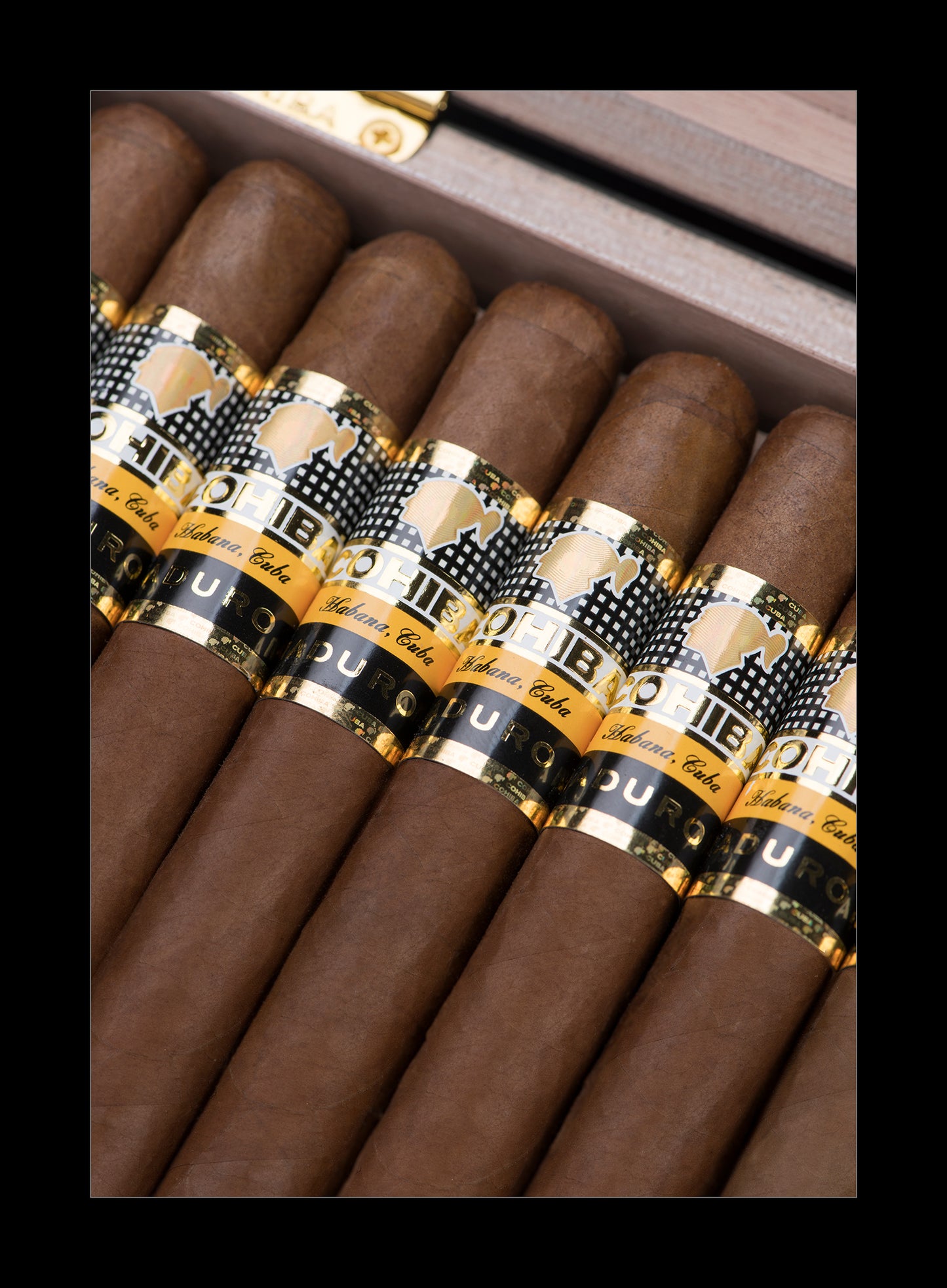 A close-up of several brown cigars arranged diagonally inside an open cigar box, each wrapped with a black, gold, and white band featuring the brand name 'Pupo'.