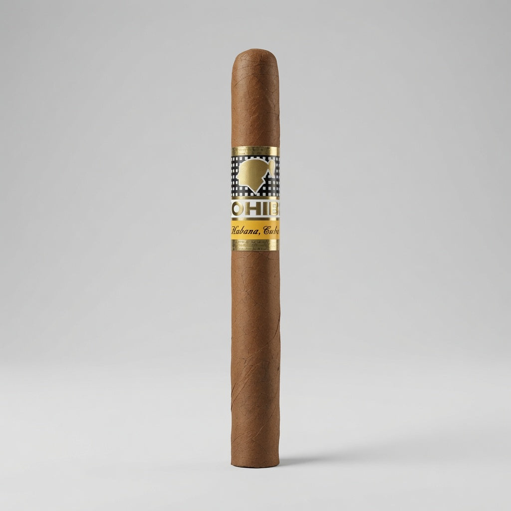 A single brown tobacco cigar standing upright against a light gray studio background, featuring a decorative band with gold, black, and white detailing and the text 'CHILE' and 'Tobacco Co.'.