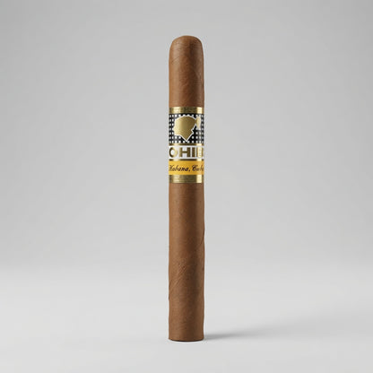 A single brown tobacco cigar standing upright against a light gray studio background, featuring a decorative band with gold, black, and white detailing and the text 'CHILE' and 'Tobacco Co.'.