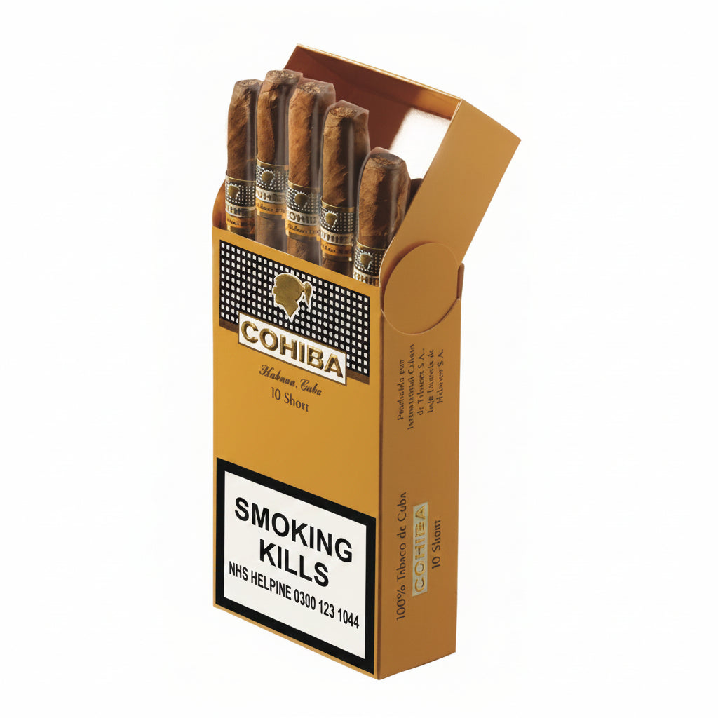 Cohiba cigars in an open box on a white background