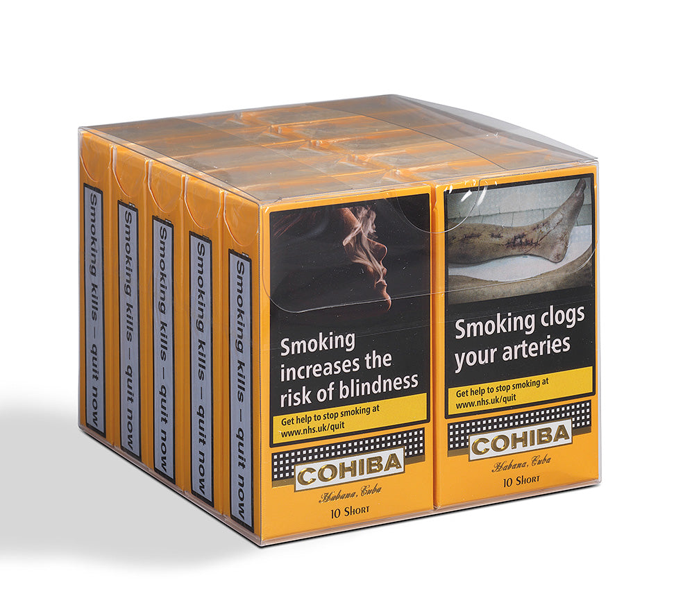 Cohiba tobacco packaging with health warning labels on a white background