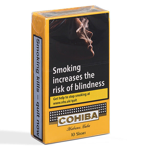 Cohiba cigarette pack with warning label on a white background