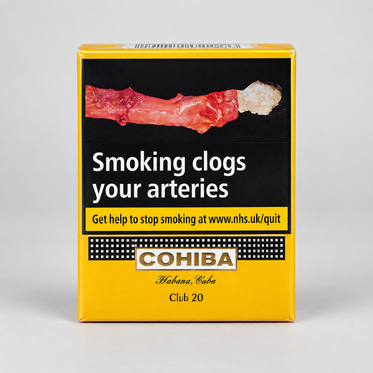 A Cohiba Club 20 icgarillo pack with a bright yellow border, a black central panel showing a smoking clog graphic, and white warning text on a light gray background.