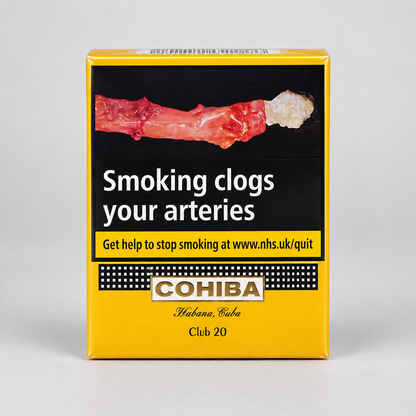 A Cohiba Club 20 icgarillo pack with a bright yellow border, a black central panel showing a smoking clog graphic, and white warning text on a light gray background.