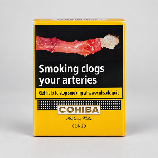 A Cohiba Club 20 icgarillo pack with a bright yellow border, a black central panel showing a smoking clog graphic, and white warning text on a light gray background.