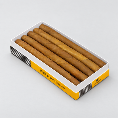 An open white cigar box with yellow branding, containing six rolled cigars, photographed on a light gray background. The box reads '100% TABACO CUBANO' and shows the Curacao brand.