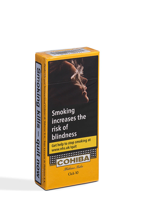 A pack of Cohiba Club 10 cigarettes on a clean white background. The pack features a bold yellow and black design with a graphic of a smoking figure and prominent health warning text.