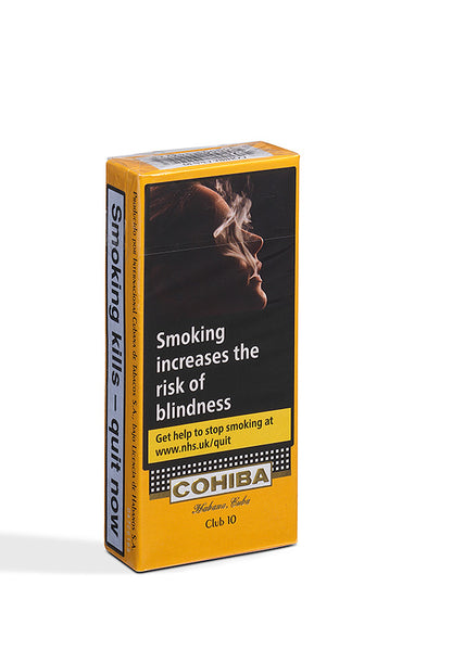 A pack of Cohiba Club 10 cigarettes on a clean white background. The pack features a bold yellow and black design with a graphic of a smoking figure and prominent health warning text.