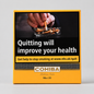 A Cohiba Mini 20 cigarillo pack box shown upright on a light gray background. The front features a smoking warning graphic with a hand dropping a cigarette into an ashtray, large white text reading 'Quitting will improve your health,' a yellow band with help-to-stop-smoking text, and the COHIBA brand name near the bottom.