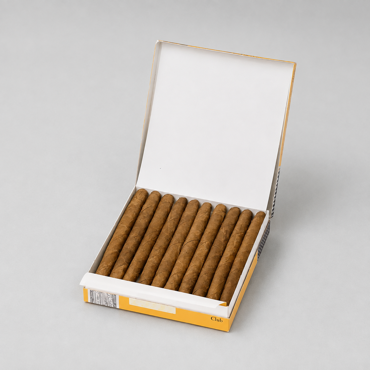 An open cigar box containing 20 brown cigars, set against a plain light gray background.