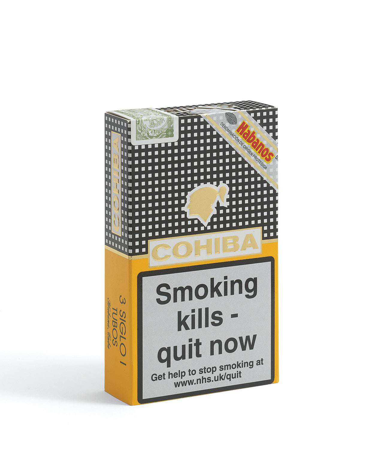 Cohiba cigarette pack with warning label on a white background