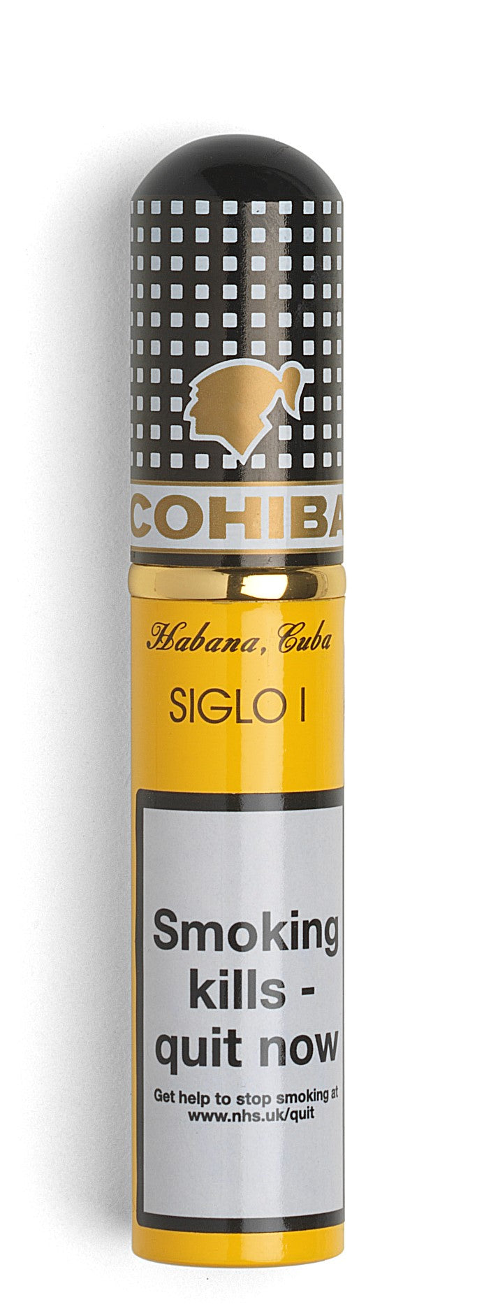 A single Cohiba Siglo I cigar in its original paper-wrapped packaging, featuring a black and white checkered pattern on the top, a yellow band with the Cohiba logo, and a white lower section with a smoking warning label.