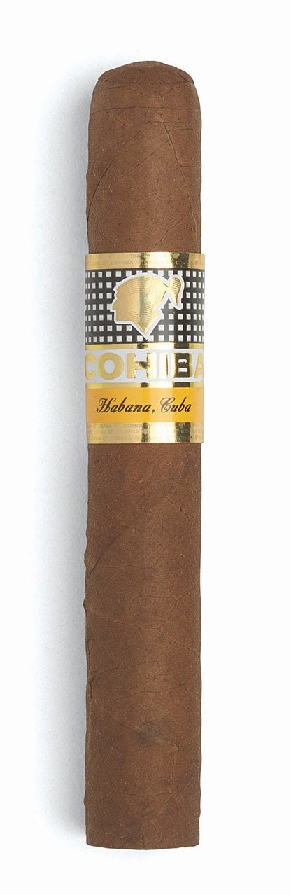 Cigar with a gold band featuring a logo and text on a white background