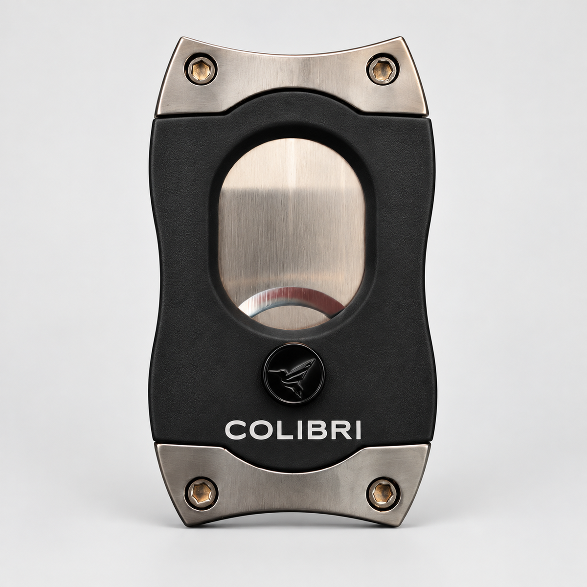A black and silver COLIBRI cigar cutter with a brushed metal circular window and textured black body, centered on a light gray background.