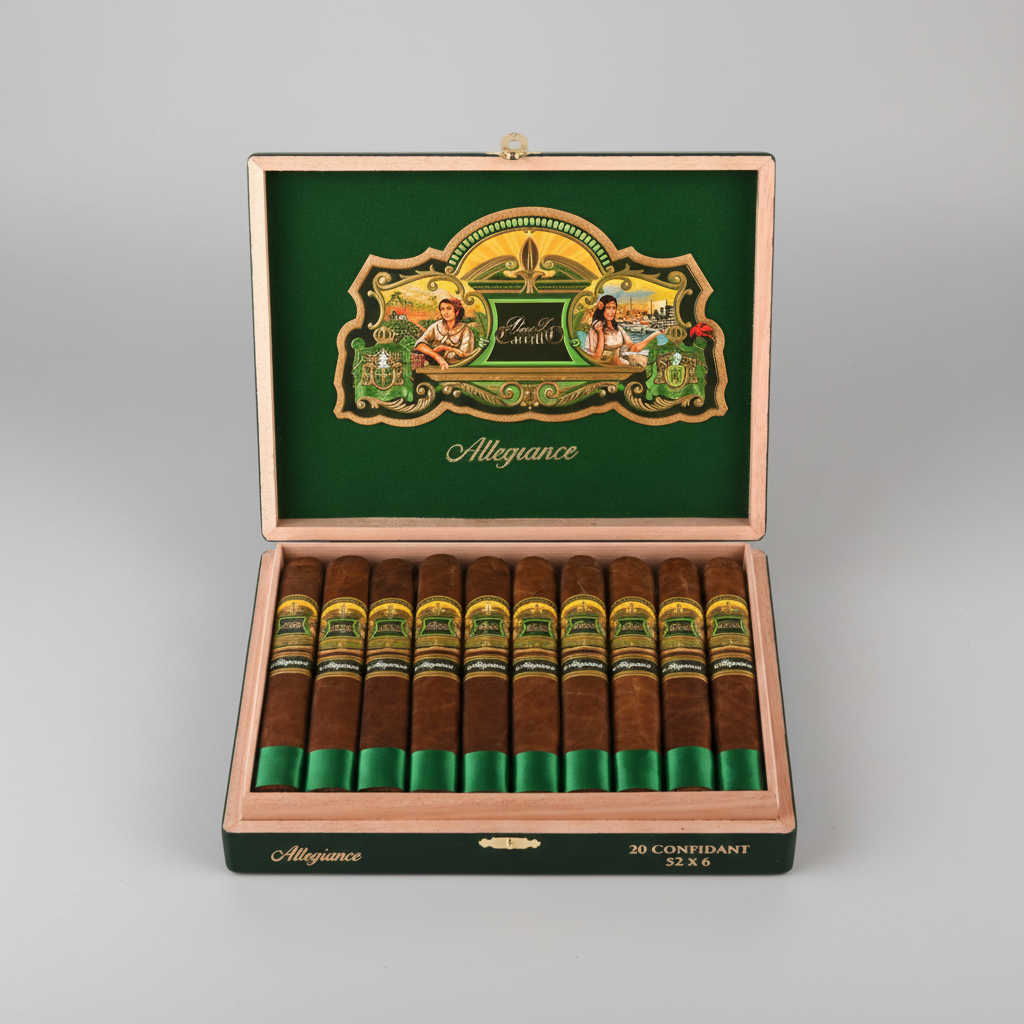 An open wooden cigar box on a white background, containing eight cigars with green bands. The interior lid features a green velvet background with a large gold and green 'Hiliguano' crest.