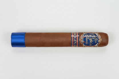 A single brown cigar shown horizontally against a white background, featuring a blue and gold band with the text 'Pinaud Original' and a blue tip.