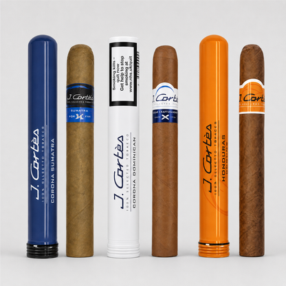 Six J. Cartéa cigar cases standing upright in a row on a light gray background, shown in blue, tan, white, and orange with cigars inserted.