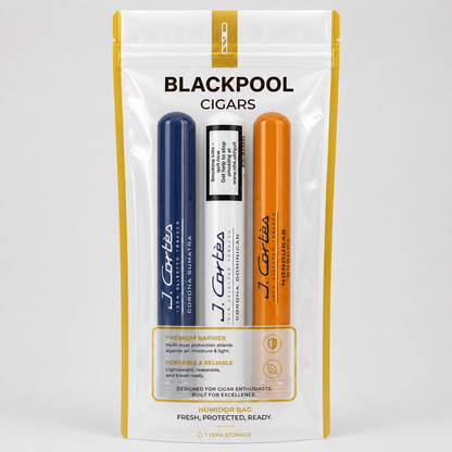 A Blackpool Cigars humididor bag containing three J. Cartés cigars: Blue Label, Corona Anniversary, and Honorary.