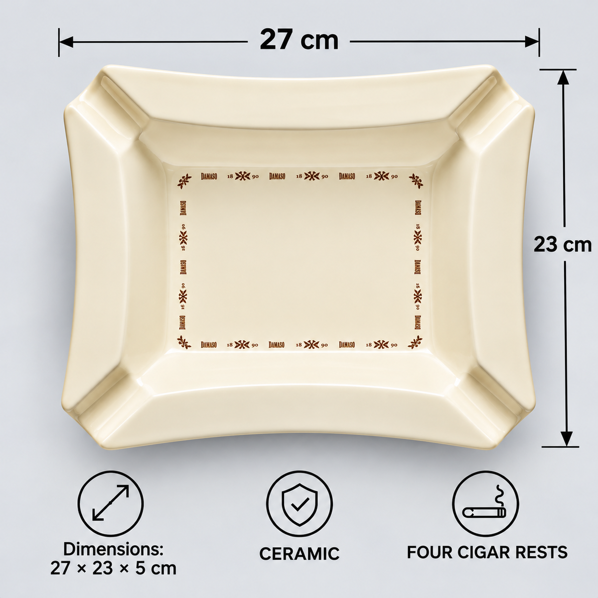 Top-down view of a square ceramic ashtray with dimension markers showing 27 cm by 23 cm, plus icons indicating it is ceramic and has four cigar rests, on a light gray background.