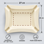 Top-down view of a square ceramic ashtray with dimension markers showing 27 cm by 23 cm, plus icons indicating it is ceramic and has four cigar rests, on a light gray background.