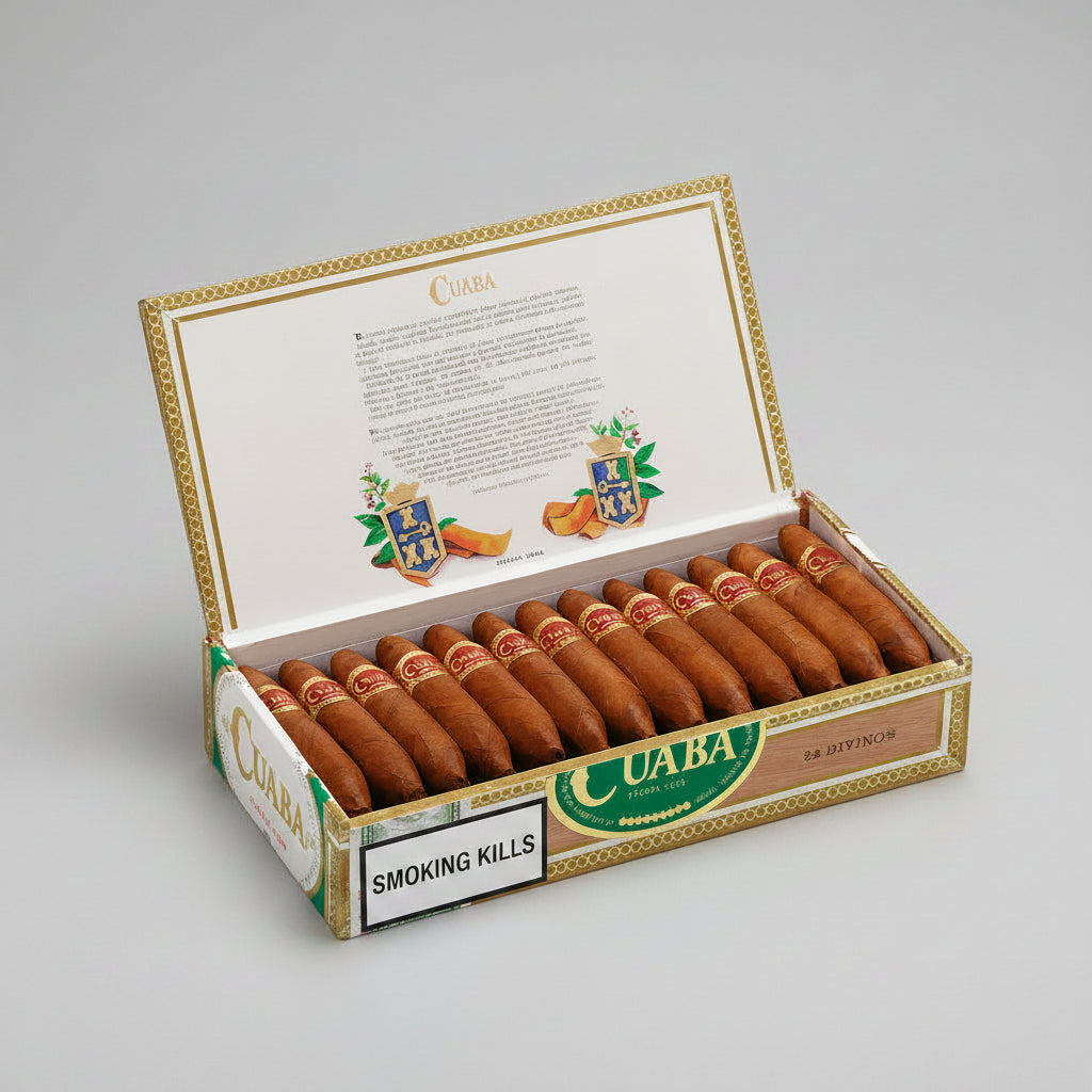 An open box of Cuaba cigars on a white background, featuring a prominent warning label that reads 'Smoking damages your lungs'.