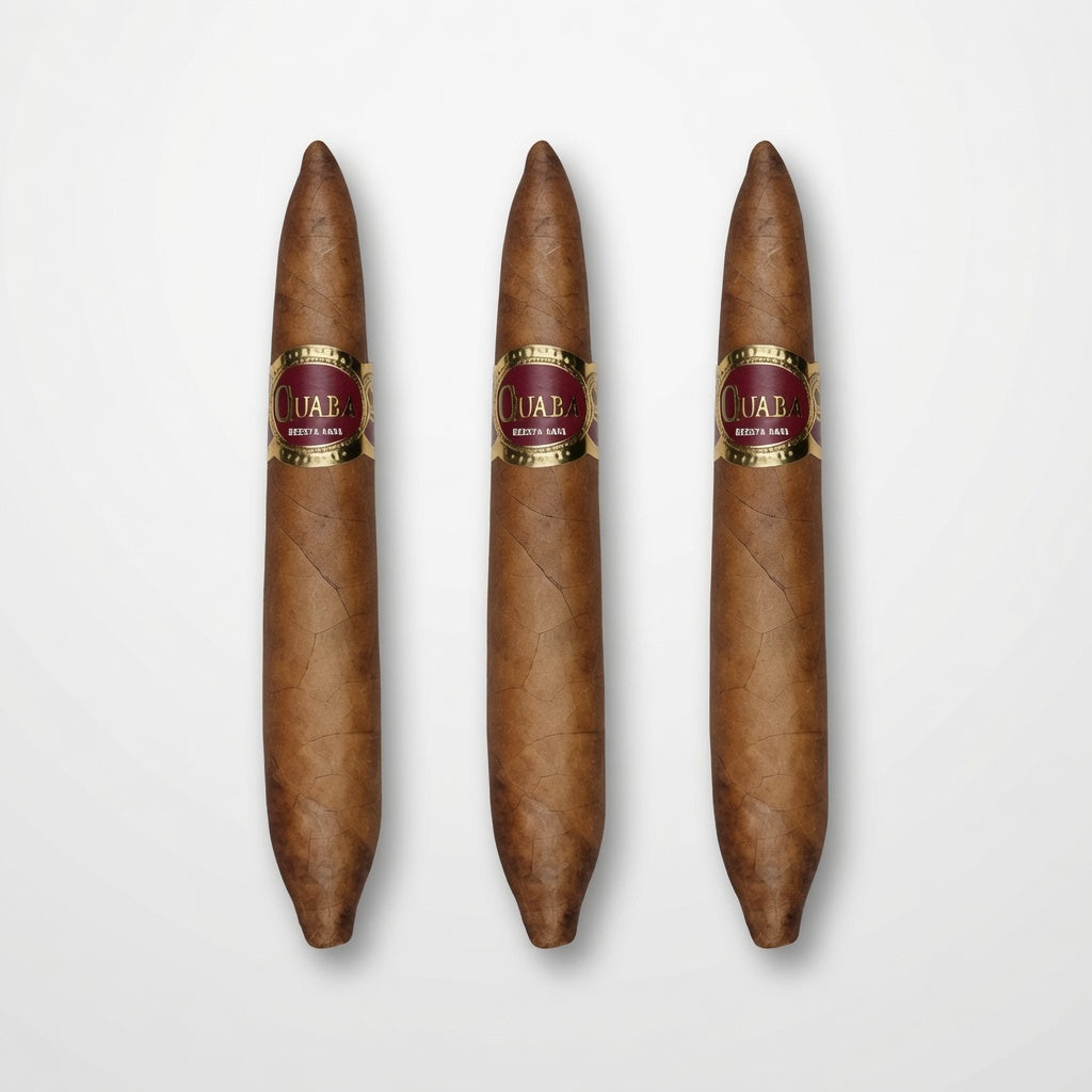 Three brown cigars with gold and burgundy bands labeled 'Cuaba.