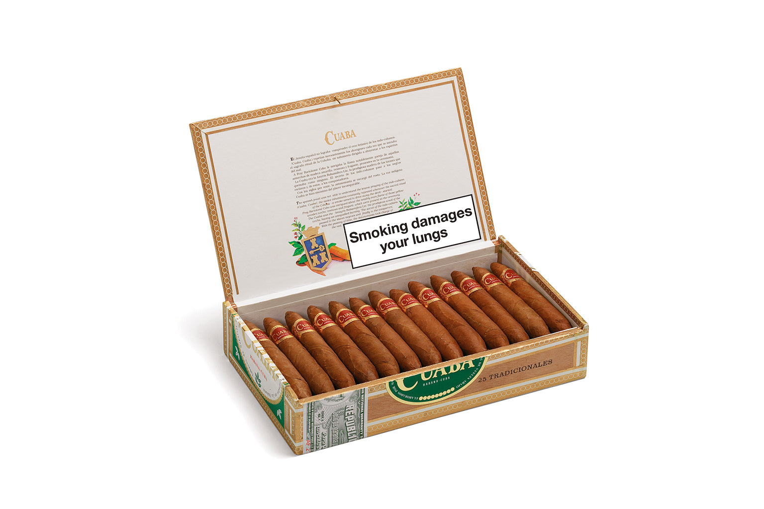 An open box of Calera Classic cigars on a white background, featuring a prominent warning label that reads 'Smoking damages your lungs' on the inside lid.