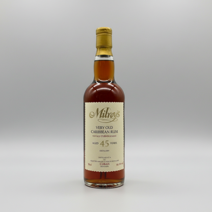 Bottle of Milroy's Very Old Caribbean Rum on a white background